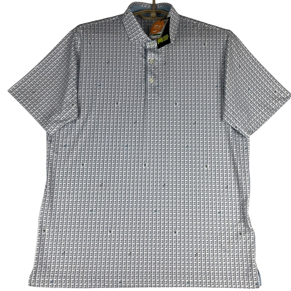 Puma Golf Polo Shirt Mens Large (L) Blue White Dog Print UPF‎ 40 NWT